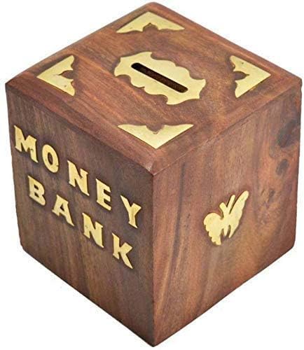 Handcrafted Wooden Money Bank Box with Brass Inlay | Coin & Cash Saving Box for Kids & Adults