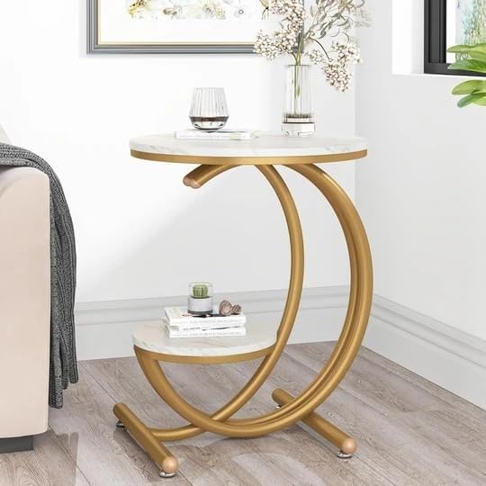 Modern Faux Marble C-Shaped Side Table with Gold Metal Frame – Elegant Sofa & Bedside Accent Table