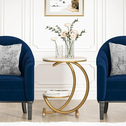 Modern Faux Marble C-Shaped Side Table with Gold Metal Frame – Elegant Sofa & Bedside Accent Table