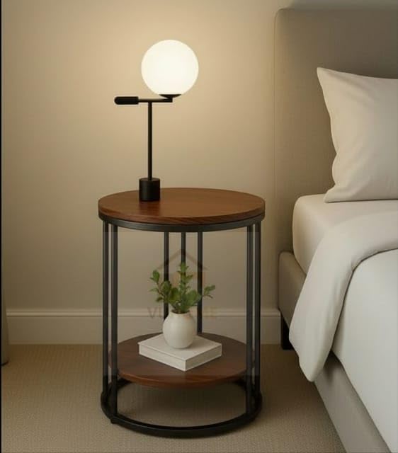 Modern Round Side Table with Wooden Top & Gold Metal Frame – 2-Tier Bedside & Sofa Table