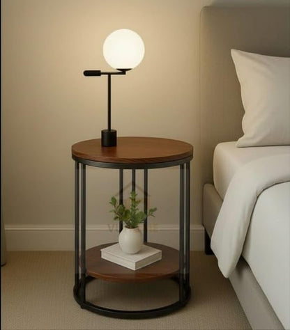 Modern Round Side Table with Wooden Top & Gold Metal Frame – 2-Tier Bedside & Sofa Table