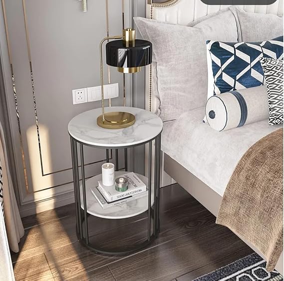 Modern Round Side Table with Wooden Top & Gold Metal Frame – 2-Tier Bedside & Sofa Table