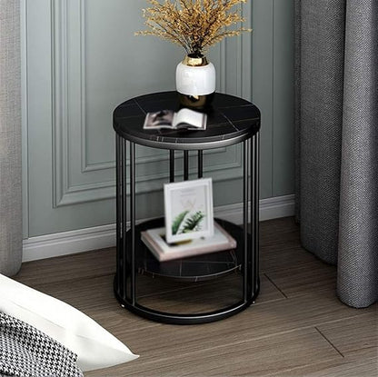 Modern Round Side Table with Wooden Top & Gold Metal Frame – 2-Tier Bedside & Sofa Table