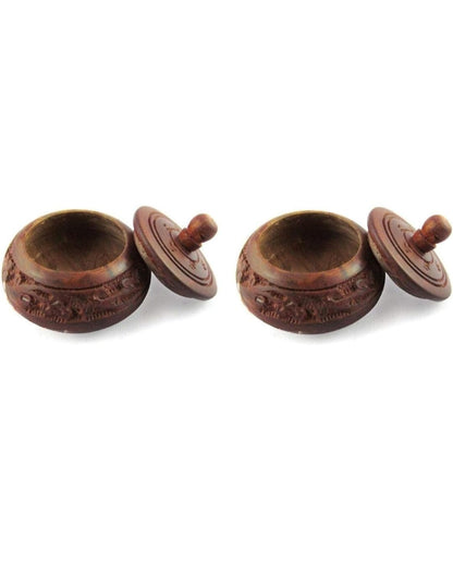 Handcrafted Wooden Spice Bowl with Lid (Set of 2) – Carved Storage Container for Kitchen & Pooja Use