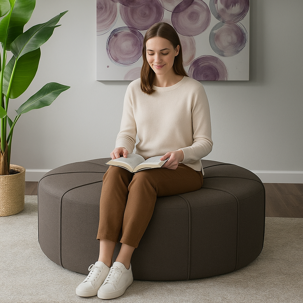 Woman reading a book on a brown in a cozy ottoman living room.
