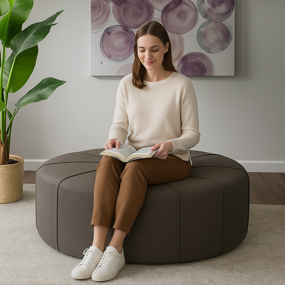 Woman reading a book on a brown in a cozy ottoman living room.