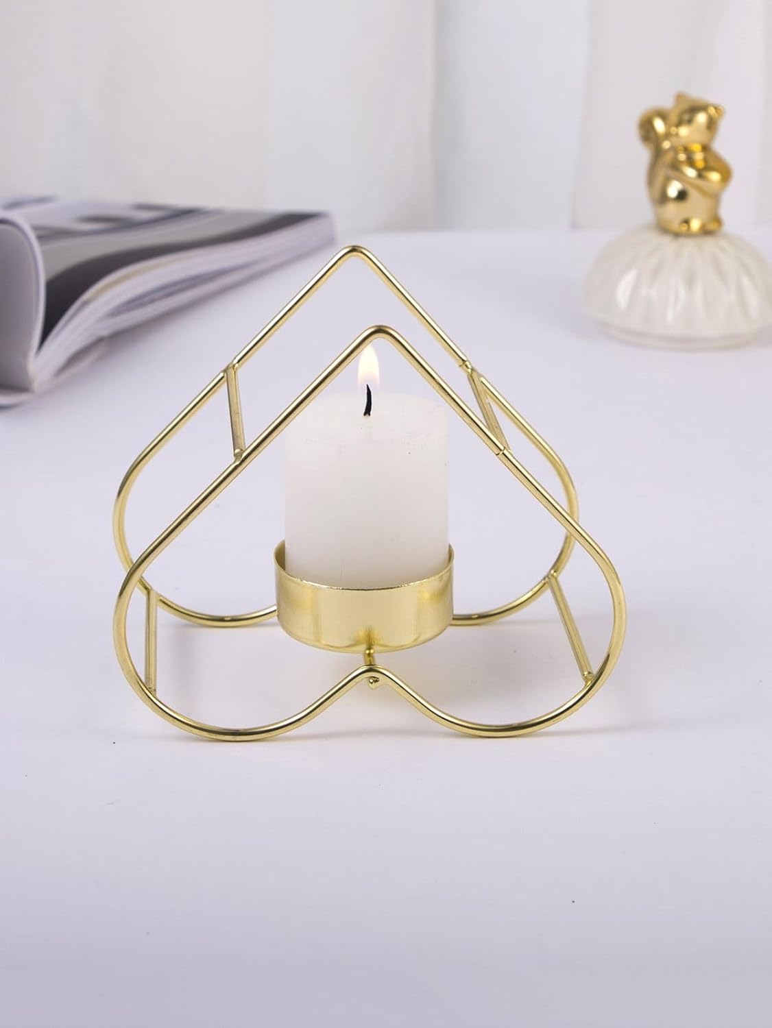 Geometric Heart Shape Metal Candle Holder – Modern Gold Decorative Pillar Candle Stand