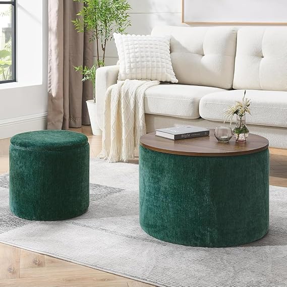 Modern Upholstered Round Coffee Table with Matching Ottoman – Fabric Center Table Set for Living Room