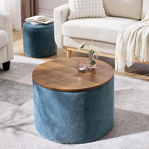 Modern Upholstered Round Coffee Table with Matching Ottoman – Fabric Center Table Set for Living Room