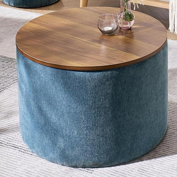 Modern Upholstered Round Coffee Table with Matching Ottoman – Fabric Center Table Set for Living Room