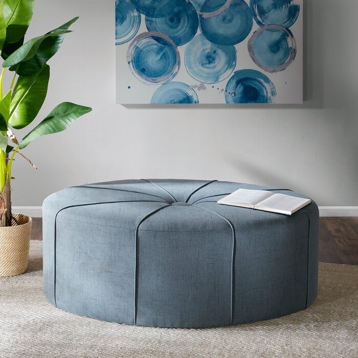 Modern Round Upholstered Ottoman Center Table – Tufted Fabric Coffee Table for Living Room