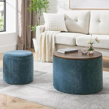 Modern Upholstered Round Coffee Table with Matching Ottoman – Fabric Center Table Set for Living Room