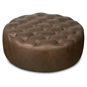 Round Tufted Leather Cocktail Ottoman – Upholstered Coffee Table Footstool