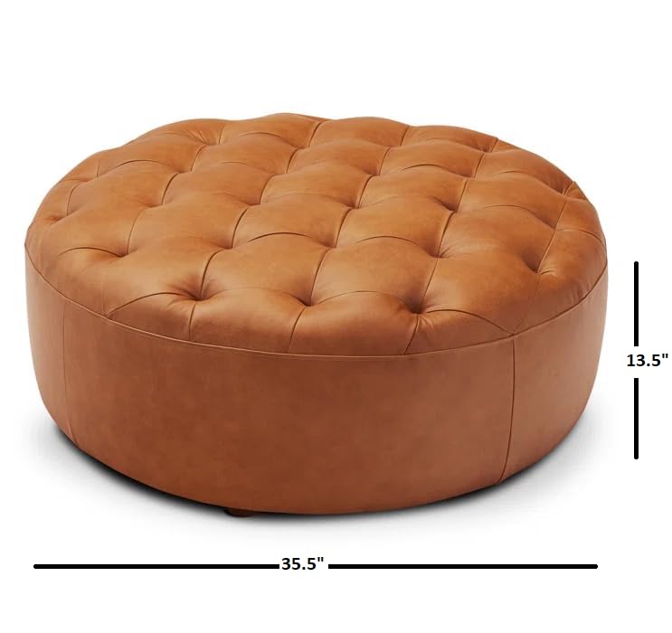 Round Tufted Leather Cocktail Ottoman – Upholstered Coffee Table Footstool