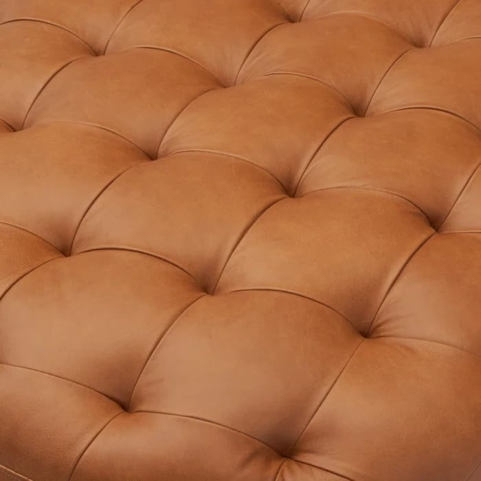 Round Tufted Leather Cocktail Ottoman – Upholstered Coffee Table Footstool