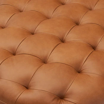 Round Tufted Leather Cocktail Ottoman – Upholstered Coffee Table Footstool