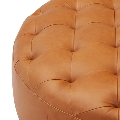 Round Tufted Leather Cocktail Ottoman – Upholstered Coffee Table Footstool