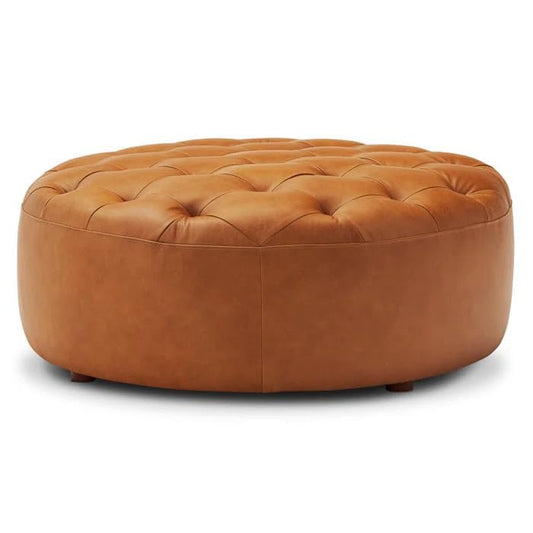 Round Tufted Leather Cocktail Ottoman – Upholstered Coffee Table Footstool