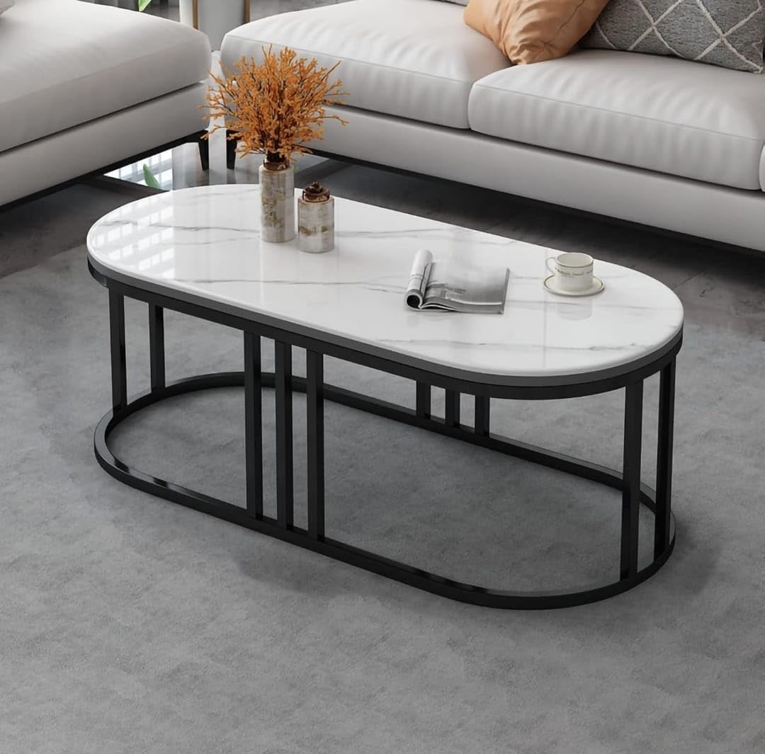 Luxury Oval Marble Coffee Table with Gold Stainless Steel Frame – Modern Center Table for Living Room