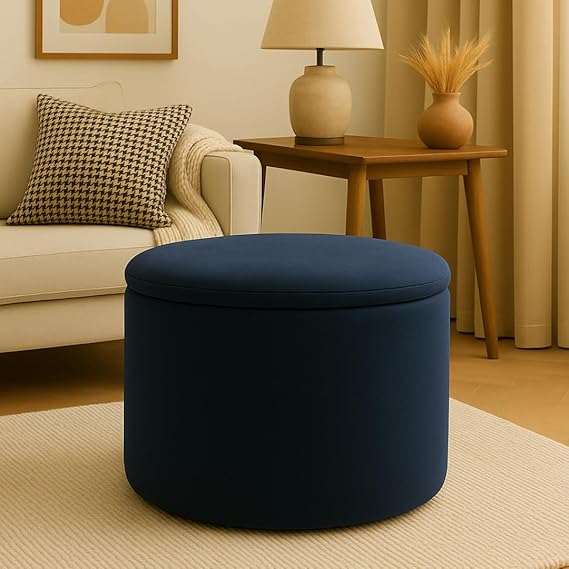 Round Upholstered Ottoman Coffee Table – Modern Velvet Footrest & Accent Table (Brown)