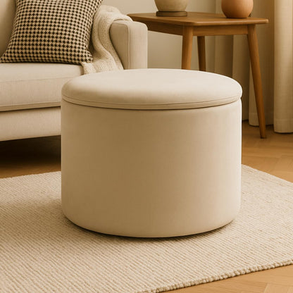 Round Upholstered Ottoman Coffee Table – Modern Velvet Footrest & Accent Table (Brown)