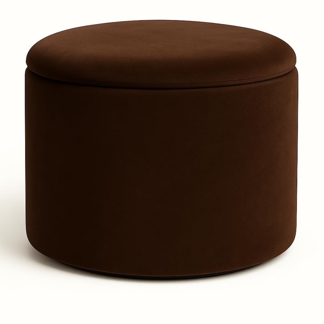 Round Upholstered Ottoman Coffee Table – Modern Velvet Footrest & Accent Table (Brown)