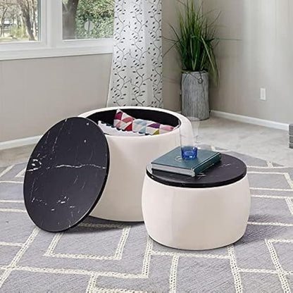 Modern Round Nesting Coffee Table Set with Marble Top – Black Contemporary Living Room Tables (Set of 2)