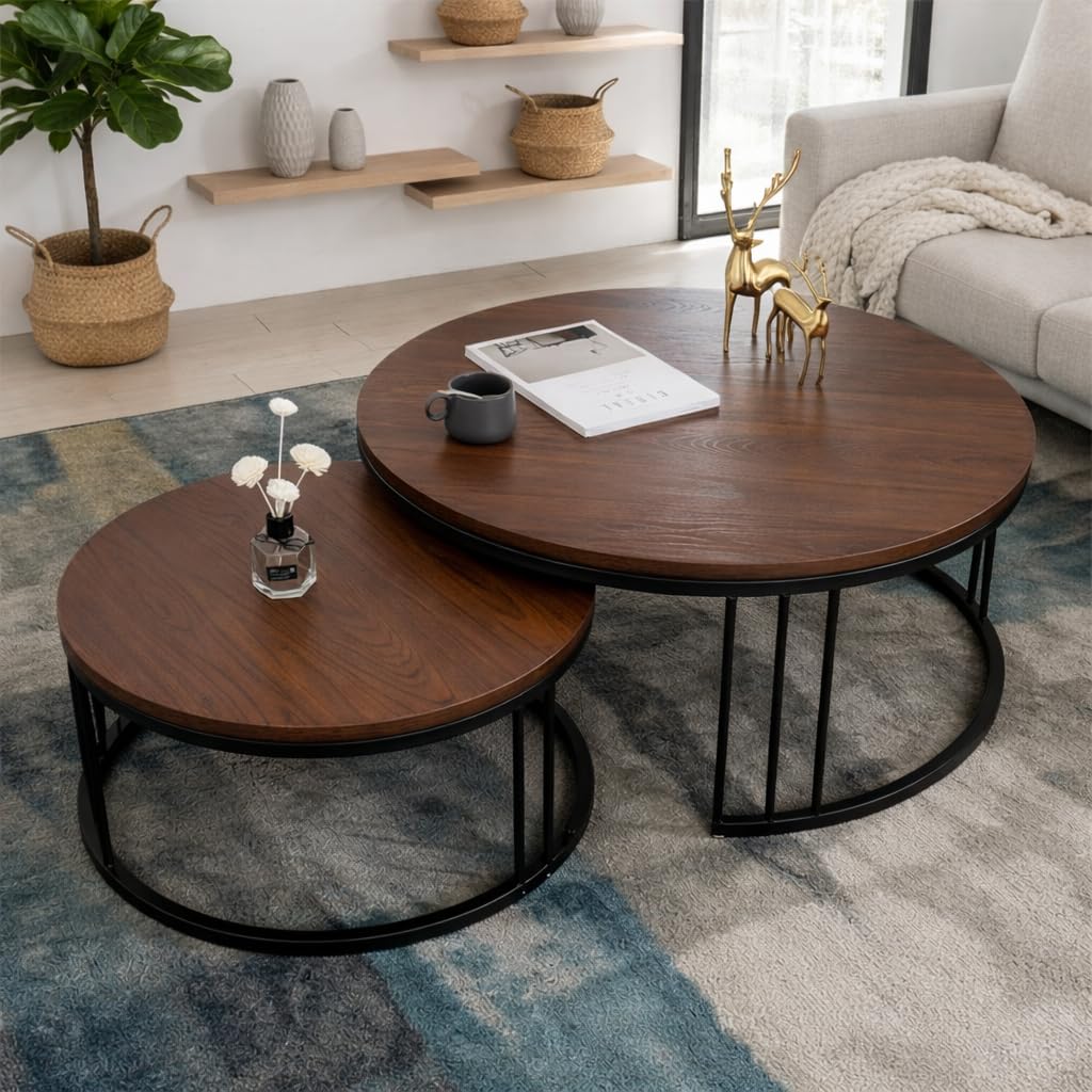 Modern Round Nesting Coffee Table Set – Walnut Wood Top with Gold Metal Frame (Set of 2)