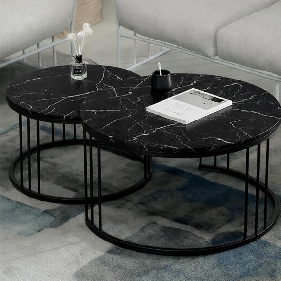 Modern Round Nesting Coffee Table Set – Walnut Wood Top with Gold Metal Frame (Set of 2)