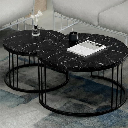 Modern Round Nesting Coffee Table Set – Walnut Wood Top with Gold Metal Frame (Set of 2)