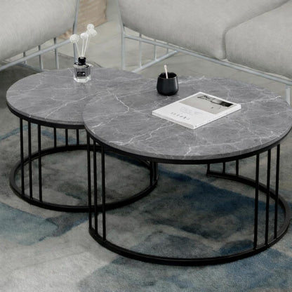 Modern Round Nesting Coffee Table Set – Walnut Wood Top with Gold Metal Frame (Set of 2)