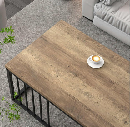 Modern Industrial Wooden Coffee Table with Metal Frame – Minimalist Living Room Center Table