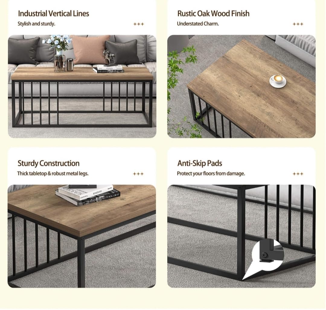 Modern Industrial Wooden Coffee Table with Metal Frame – Minimalist Living Room Center Table