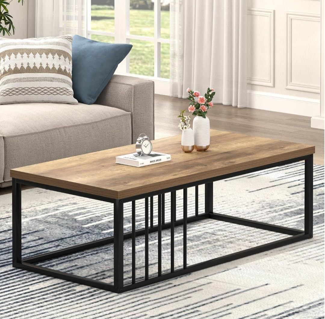 Modern Industrial Wooden Coffee Table with Metal Frame – Minimalist Living Room Center Table