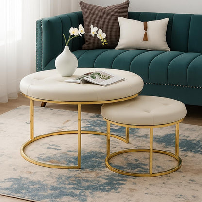 Modern Upholstered Nesting Coffee Table Set with Gold Metal Frame – Luxury Living Room Center Tables (Set of 2)