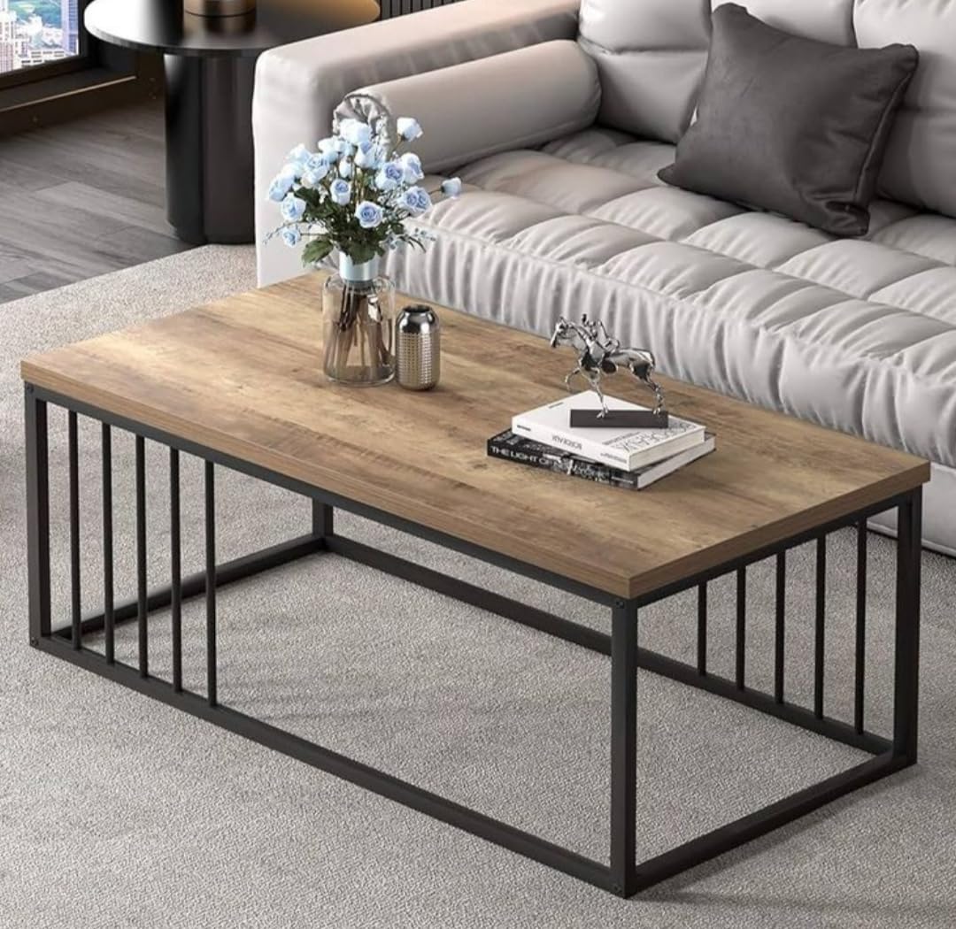 Modern Industrial Wooden Coffee Table with Metal Frame – Minimalist Living Room Center Table