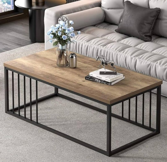 Modern Industrial Wooden Coffee Table with Metal Frame – Minimalist Living Room Center Table