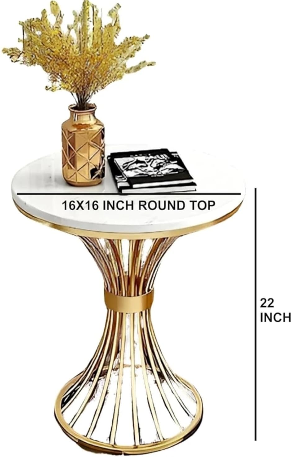 Modern Round Side Table with White Top & Gold Metal Base | Luxury Accent Coffee Table