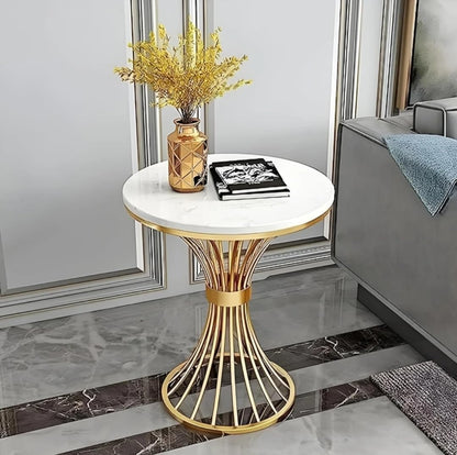 Modern Round Side Table with White Top & Gold Metal Base | Luxury Accent Coffee Table