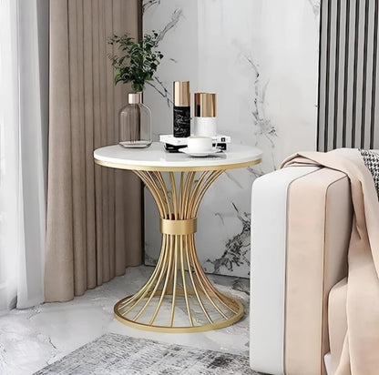 Modern Round Side Table with White Top & Gold Metal Base | Luxury Accent Coffee Table