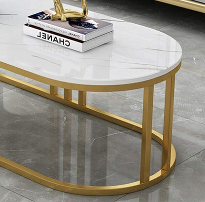 Luxury Oval Marble Coffee Table with Gold Stainless Steel Frame – Modern Center Table for Living Room