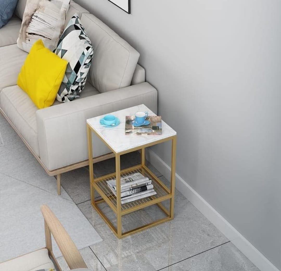 Modern Gold Metal Side Table with Marble Top & Storage Shelf – Minimalist Coffee Table for Living Room