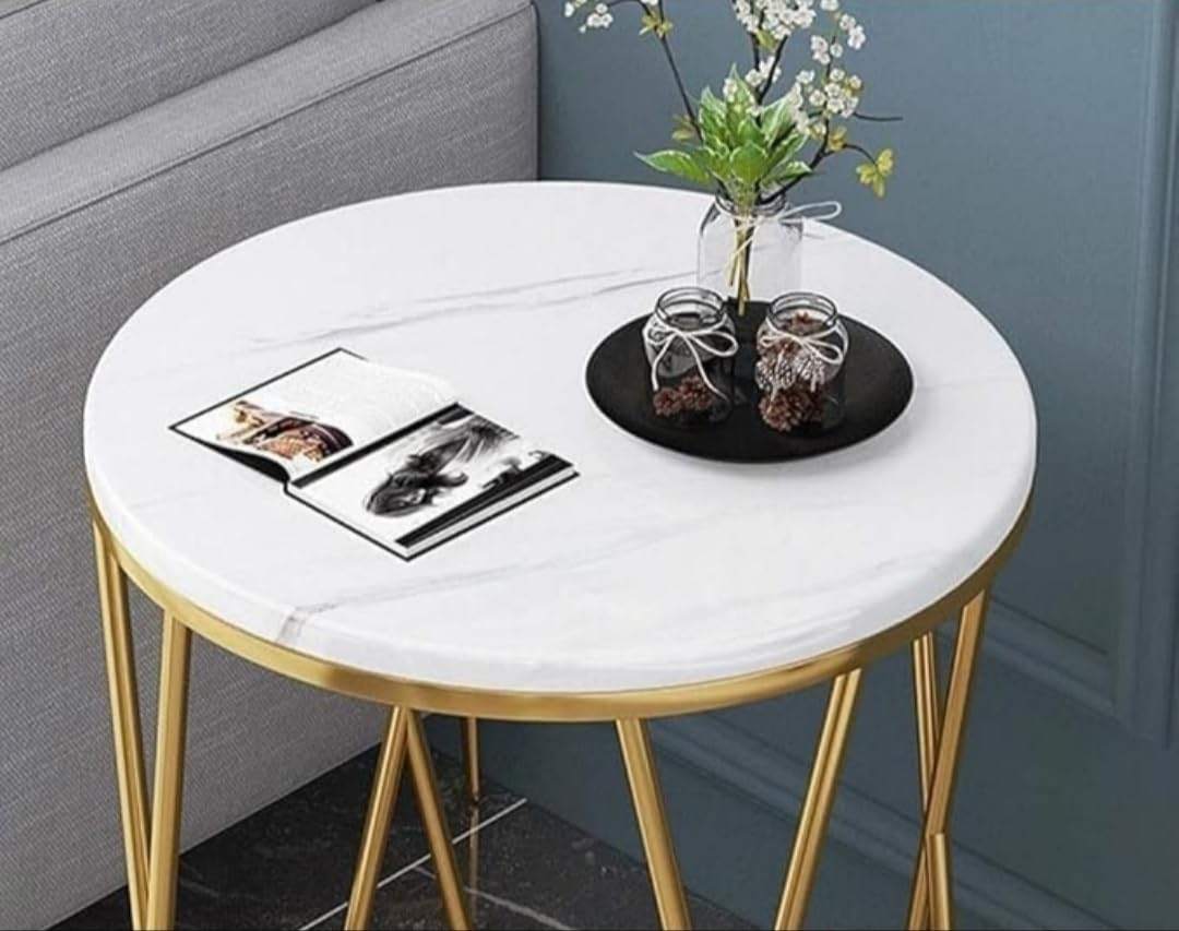 Modern Round Marble Coffee Table with Gold Metal Frame | Luxury Side Table for Living Room