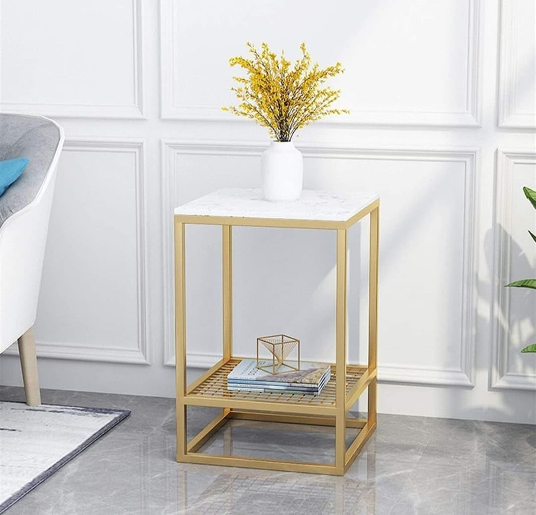 Modern Gold Metal Side Table with Marble Top & Storage Shelf – Minimalist Coffee Table for Living Room