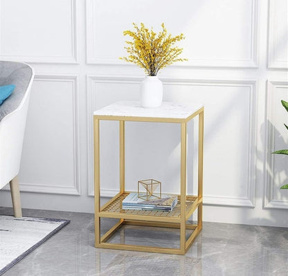 Modern Gold Metal Side Table with Marble Top & Storage Shelf – Minimalist Coffee Table for Living Room