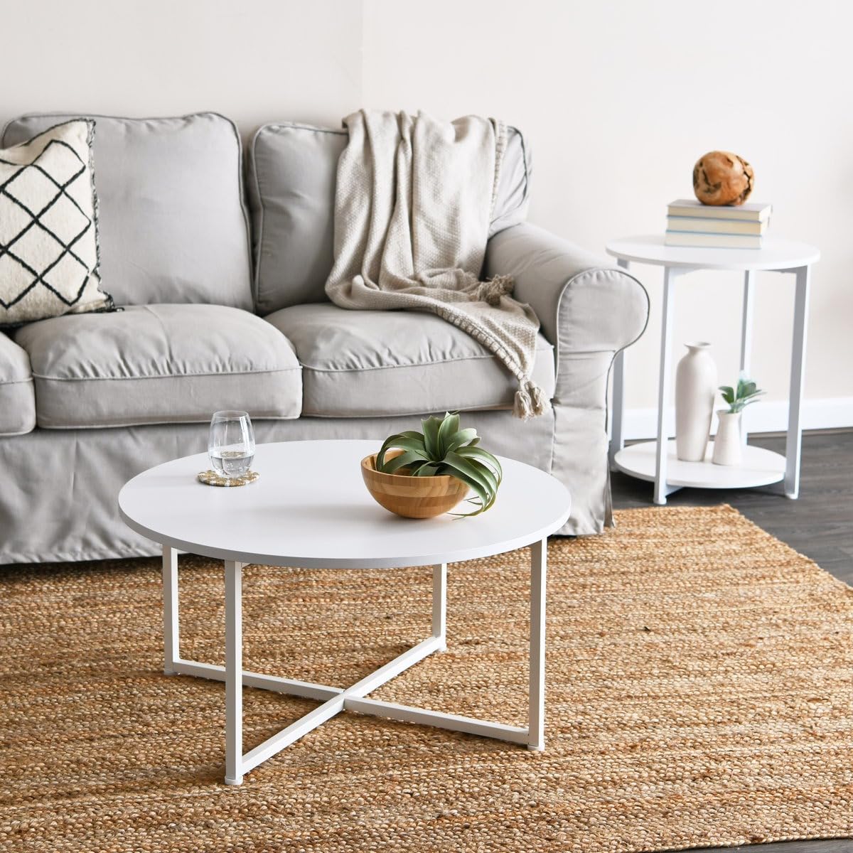 Modern Round White Coffee Table with Metal Frame | Minimalist Living Room Center Table