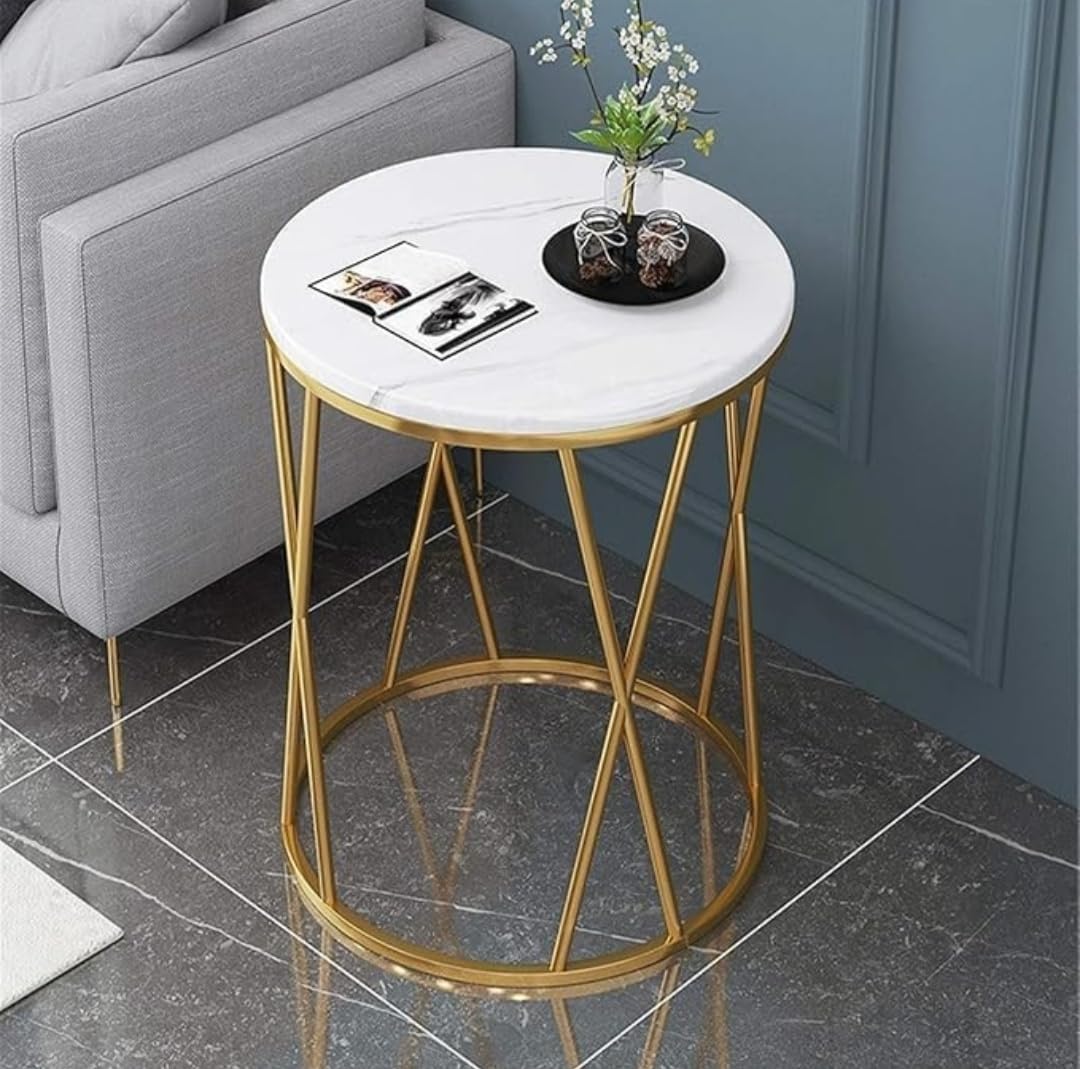 Modern Round Marble Coffee Table with Gold Metal Frame | Luxury Side Table for Living Room