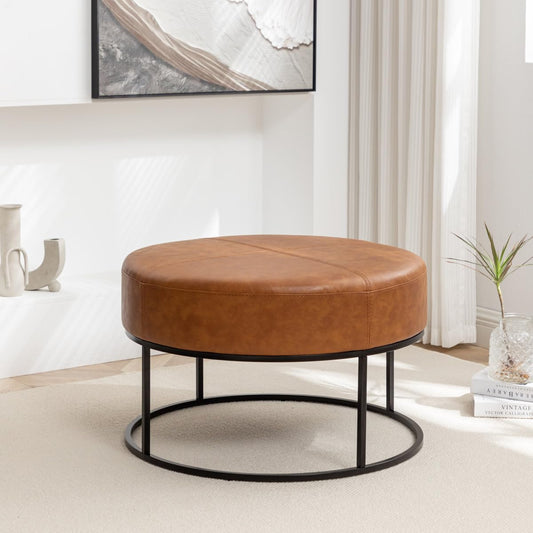 Round Leather Upholstered Coffee Table with Metal Base | Modern Ottoman Center Table