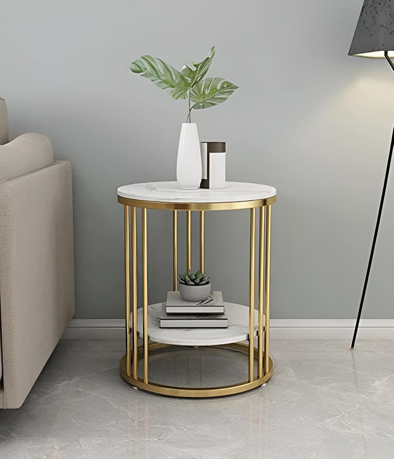 Modern Round Marble Side Table with Gold Metal Frame – Luxury Accent Coffee Table