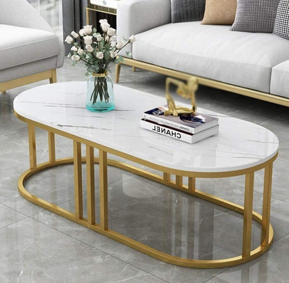 Luxury Oval Marble Coffee Table with Gold Stainless Steel Frame – Modern Center Table for Living Room